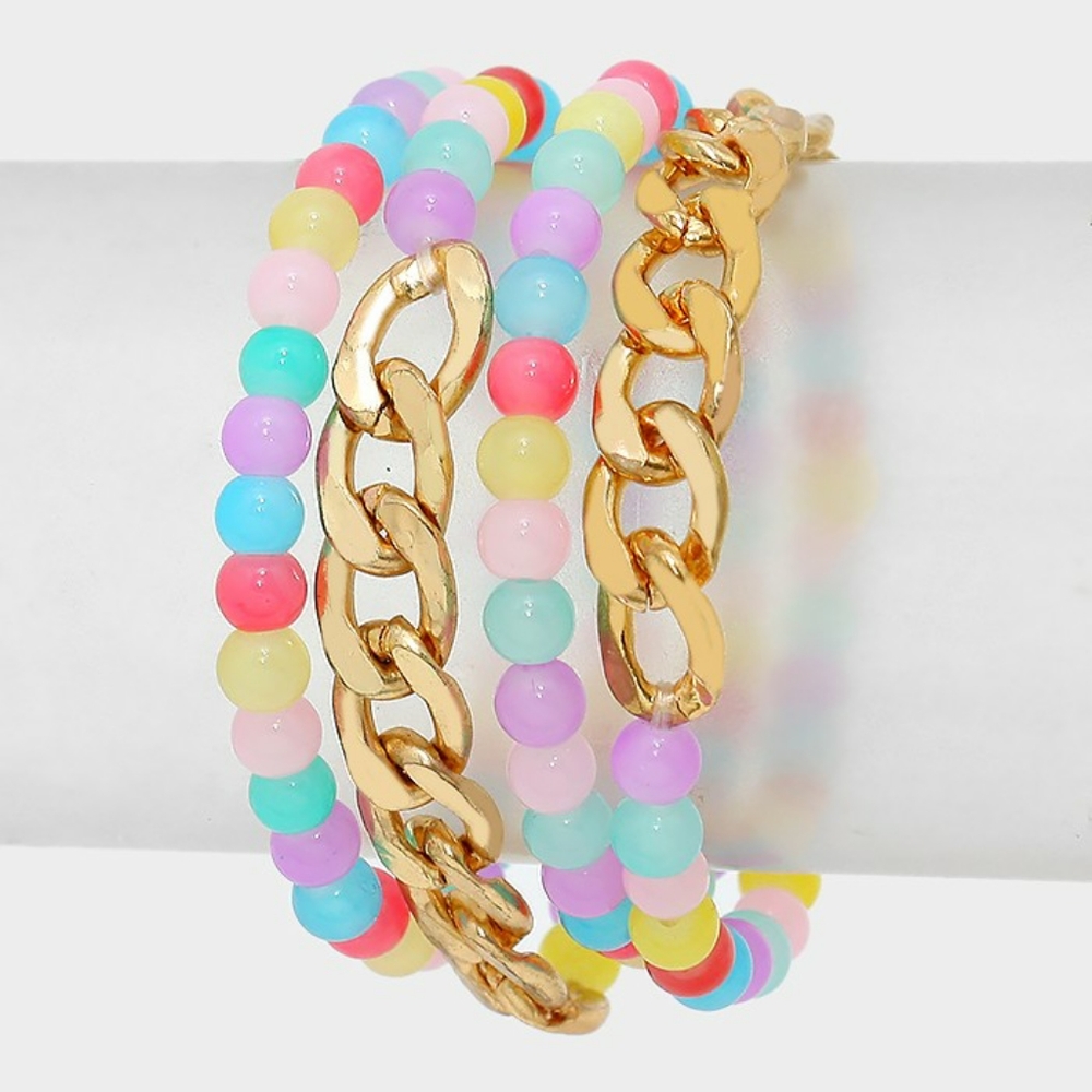 Colorful Beaded Gold Chain Link Stretch Bracelet MultiColored Rainbow Layered
